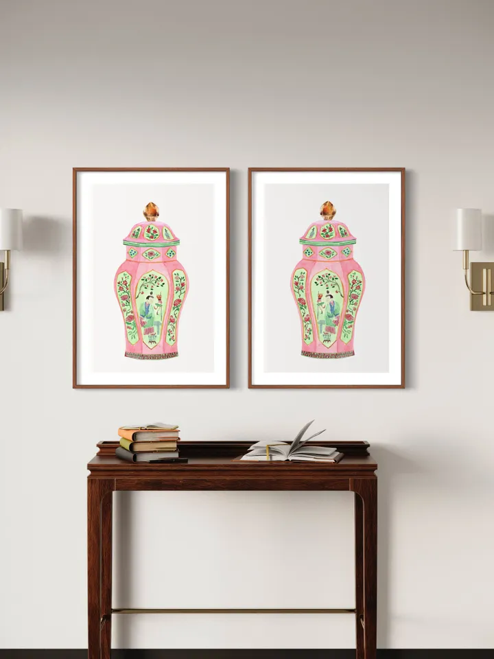 Pink Chinoiserie Ginger Jar Vase Set Of 2 Vintage Living room Wall Art Pagoda Porcelain Vases Apartment Art Print Living Room Wall Art Print
