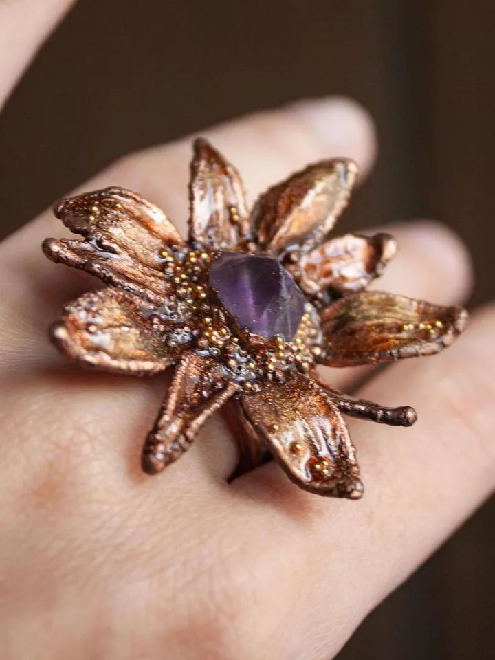 Unique handmade electroformed ring with amethyst