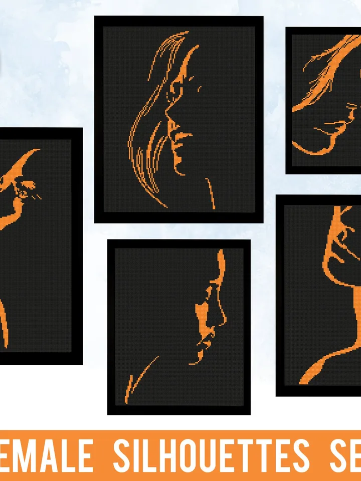 Female Silhouettes Bundle of 5 cross stitch pattern, woman, portrait, home decor, counted, chart, gift DIY, embroidery, instant PDF