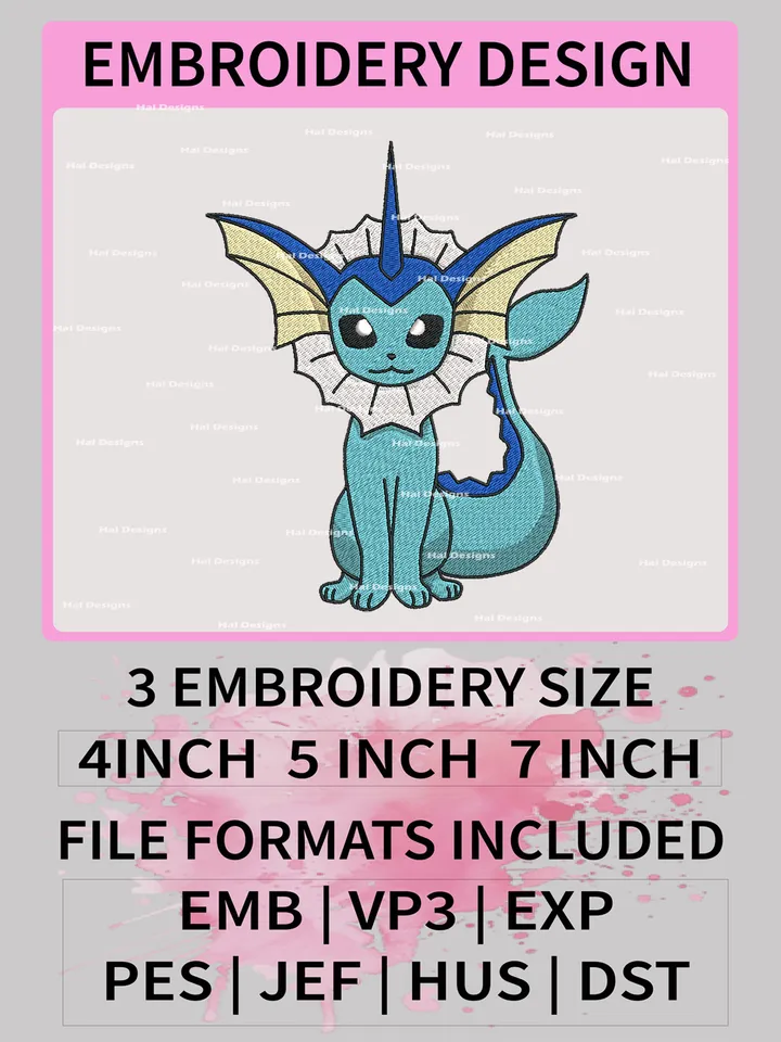 Pokemon Vaporeon Embroidery Design, Pokemon Dmbroidery, Anime Design, Embroidery file, Digital download