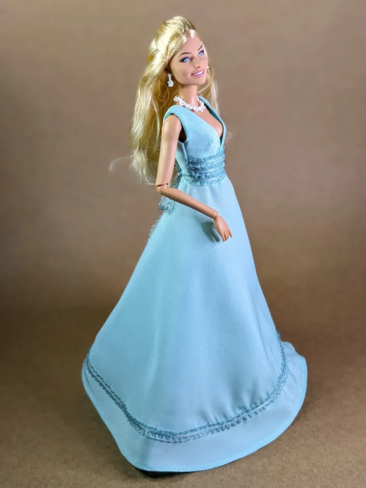 Handmade turquoise decorate evening dress for 1/6 scale fashion female dolls