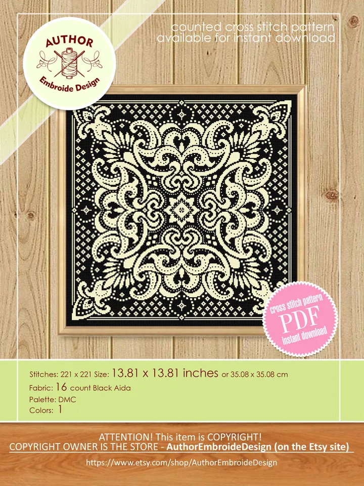 Square mandala cross stitch pattern PDF download, Carpet counted cross stitch chart, Square ornament pattern for cross stitch pillow #M200