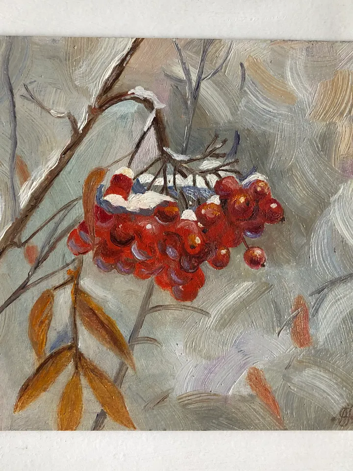 Red mountain ash original oil painting handmade wall art on cardboard 6x6 inches modern art