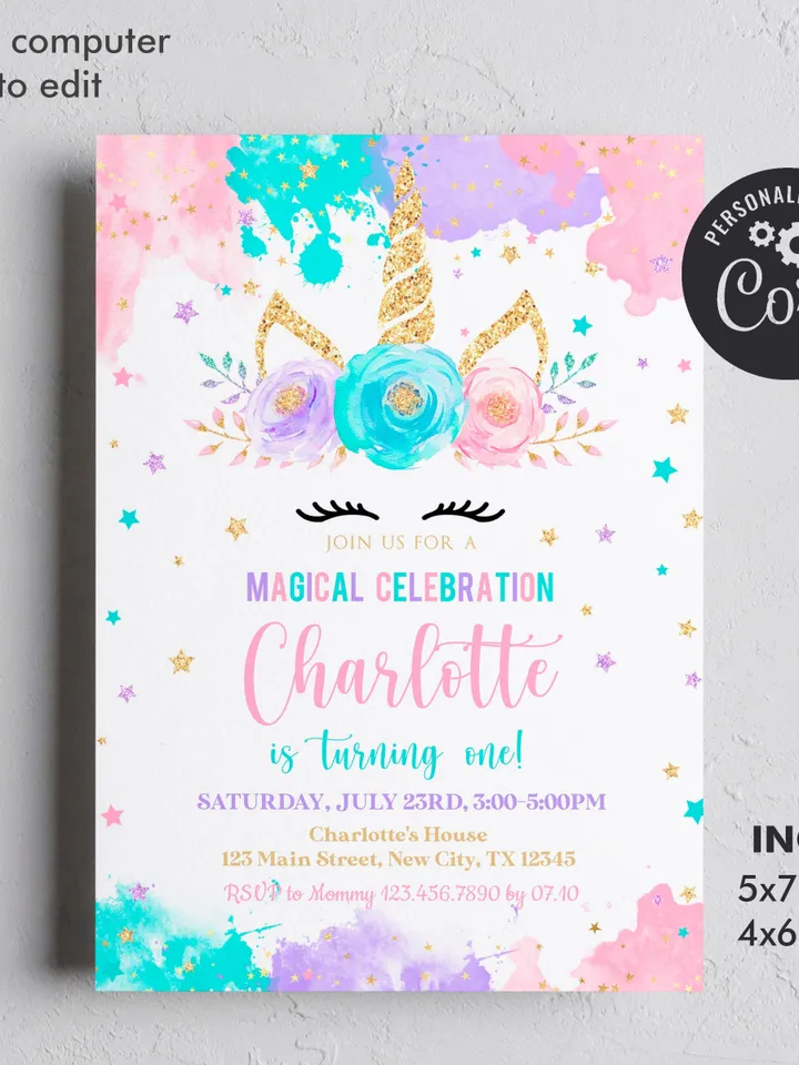 Unicorn Birthday Invitation, Unicorn Invitation, Girl Birthday Invitation Instant Download Editable Template Digital File