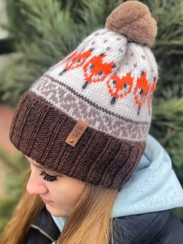 Warm jacquard knitted pompom hat