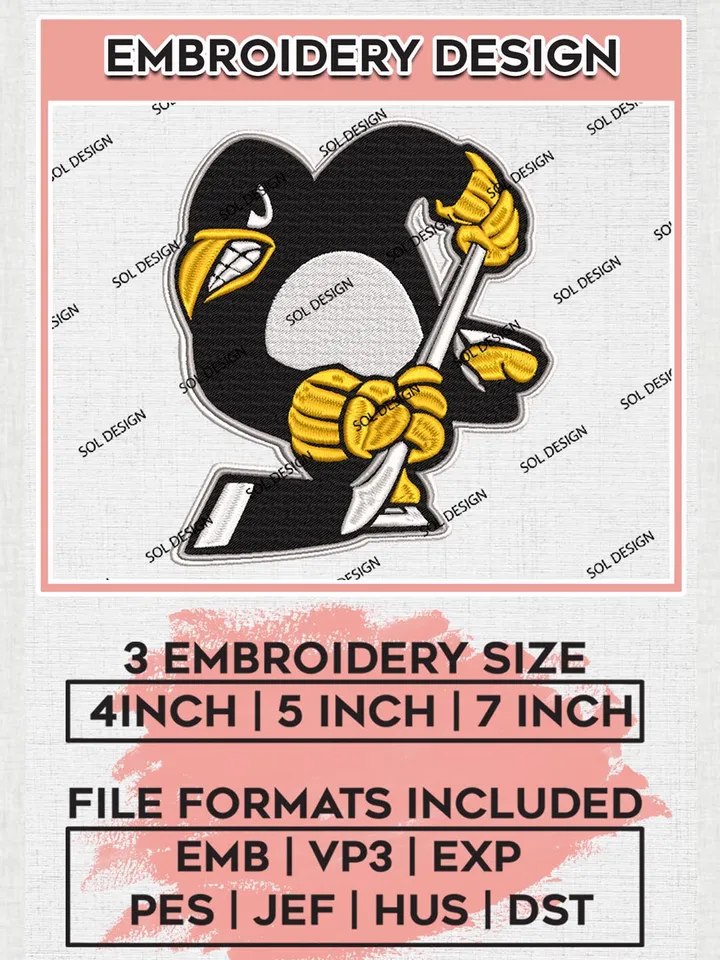 Pittsburgh Penguins Mascot Logo Embroidery Files, NHL Pittsburgh Penguins Machine Embroidery Designs,  NHL Embroidery Designs, NHL Machine Embroidery Designs, Digital Download