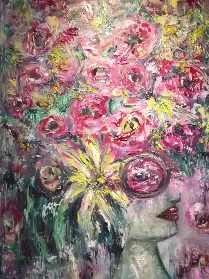 Pink wisdom-fantasy woman in flowers,womanoriginal oil painting,impasto painting,unique canvas art,original artwork,fantasy woman in roses.