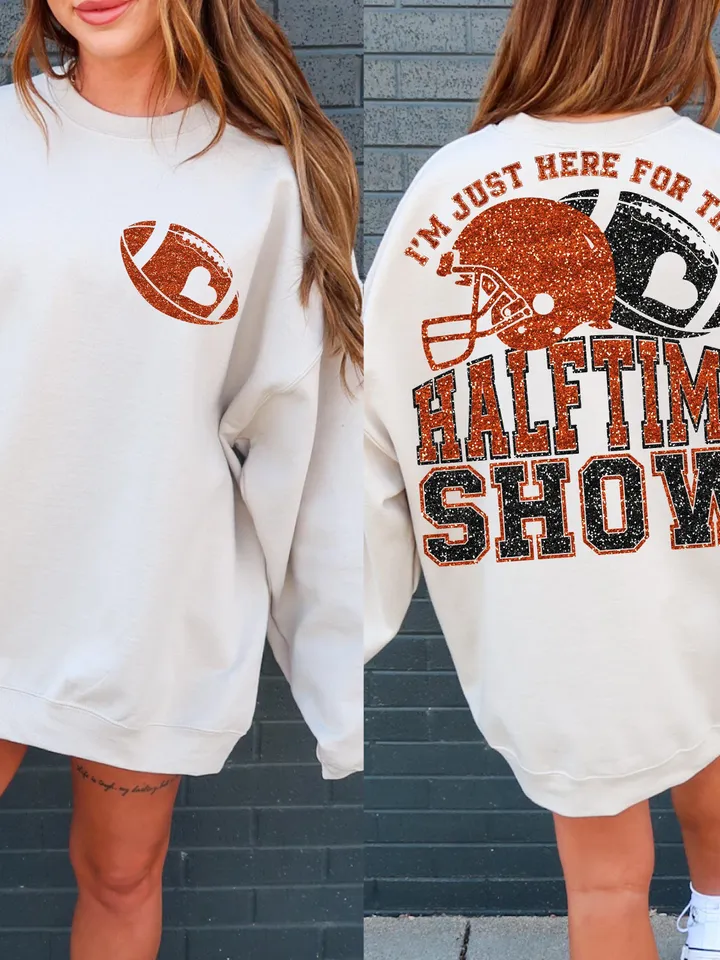 Just Here For Halftime Show Sparkly Faux Sequins Superbowl Png, Game Day Shirt Design, Trendy Superbowl Png, Orange Black Football PNG
