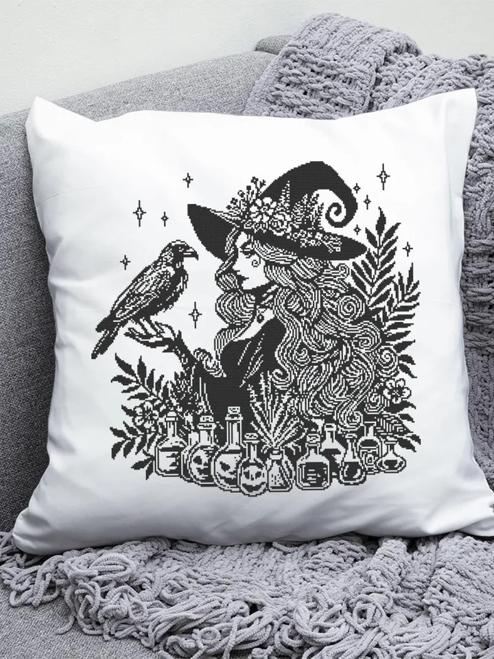 Halloween forest witch cross stitch pattern PDF download Halloween cross stitch chart monochrome, Gothic pattern digital PDF Black crow #H77