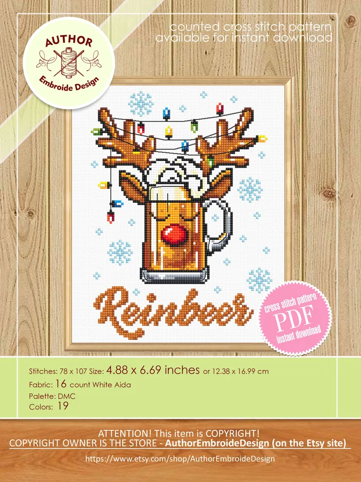 Funny Christmas reindeer cross stitch pattern PDF Christmas beer cross stitch chart, Reinbeer pattern digital PDF, Beer lover gift #N110