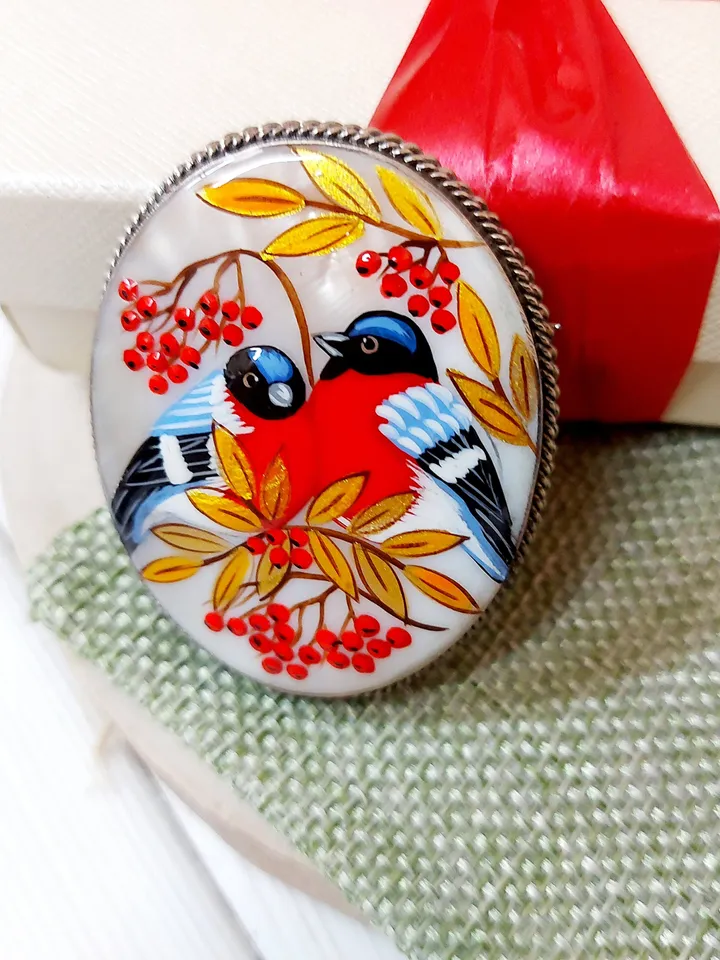 Brooches for women: Red bird couple pin • handmade jewelry painted on mother of pearl • bullfinch bird painted on statement brooch