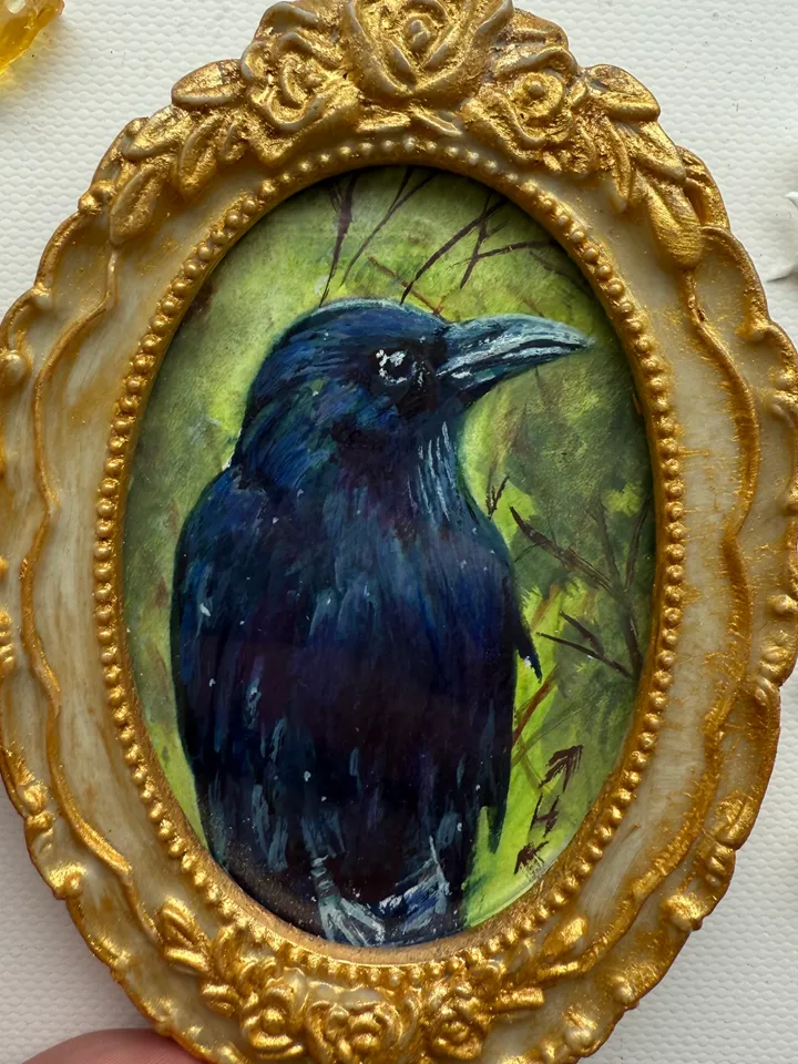 Framed Bird Raven Painting Small Original Witch’s Friend Artwork Crow Art Tiny Oval Painting Bird
