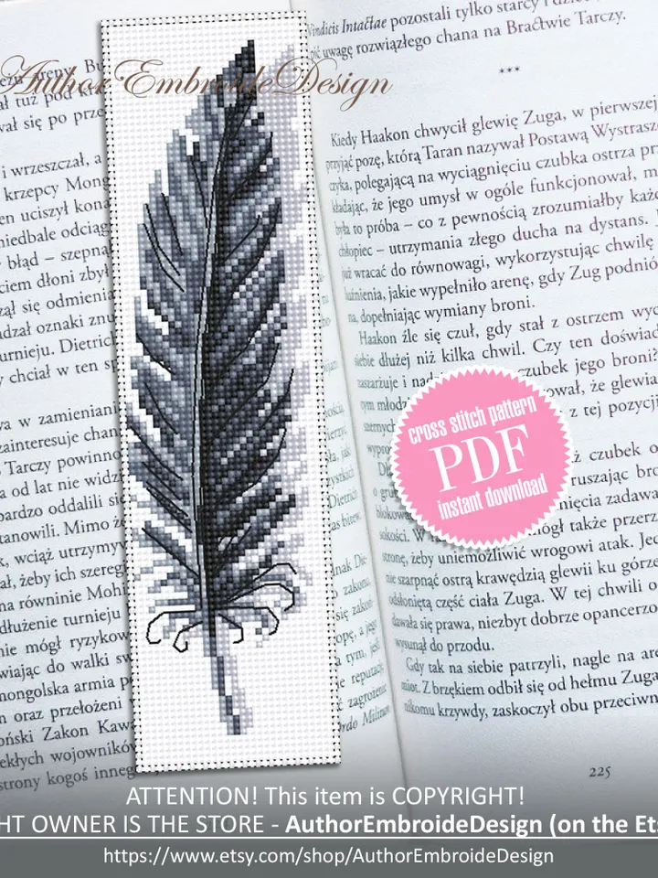 Black feather bookmark cross stitch pattern PDF download Feather cross stitch chart, Simple bookmark pattern digital PDF Bird bookmark #B294