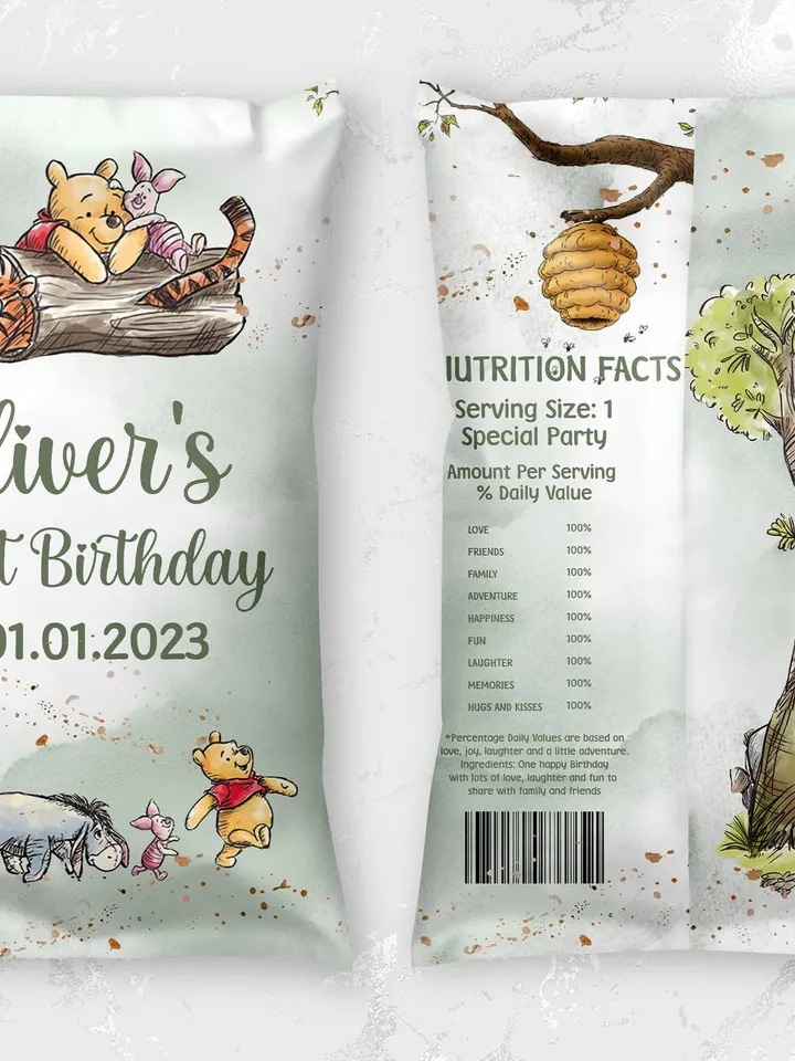 Editable Chips Label Hundred Acre Wood First Birthday party chips label; Winnie the Pooh Party; Classic Pooh Party Birthday ; wp2