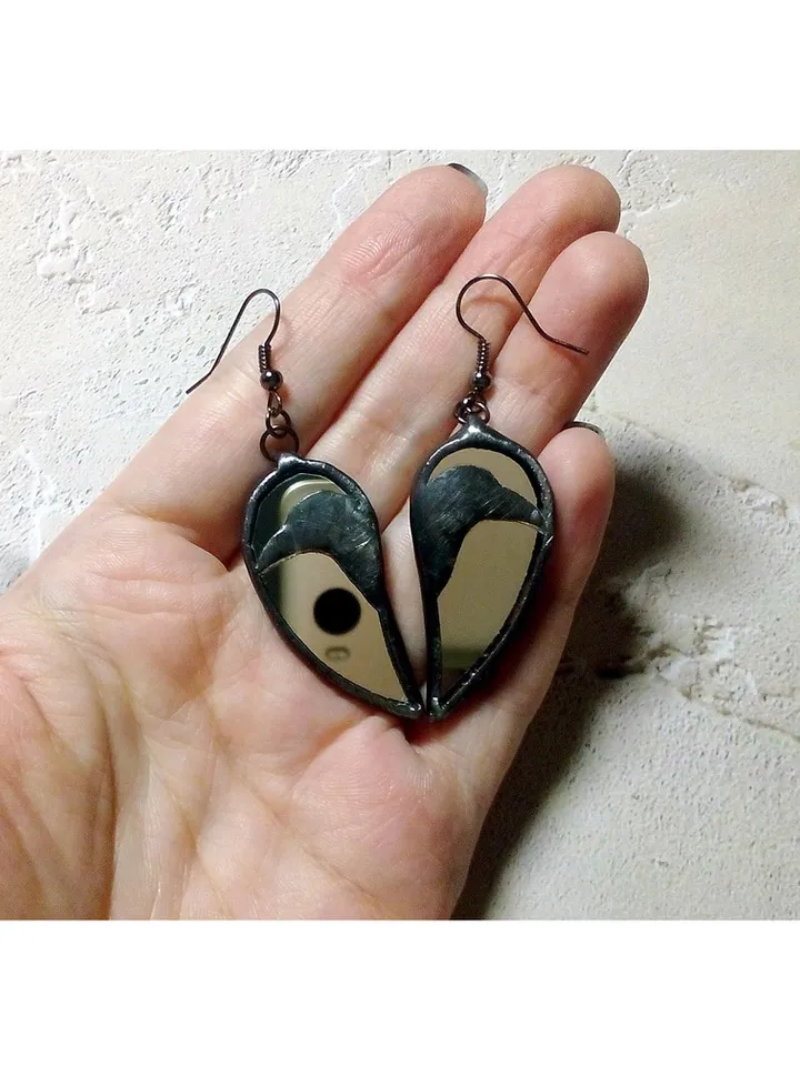 black Raven mirror earrings, Crow witch earrings, Halloween, samhain, Goth black earrings, witchy aesthetic