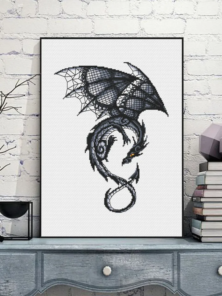 Dragon cross stitch pattern download PDF Fantasy animal cross stitch chart, Blackwork patterns Dragon embroidery PDF, Gothic home decor #D12