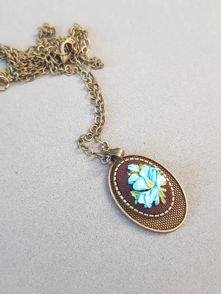 Ribbon embroidered pendant for her, blue jewelry embroidery