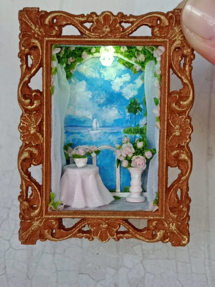 Miniature terrace by the sea, mini rumbox, 1/48 scale miniature dollhouse with furniture and flowers