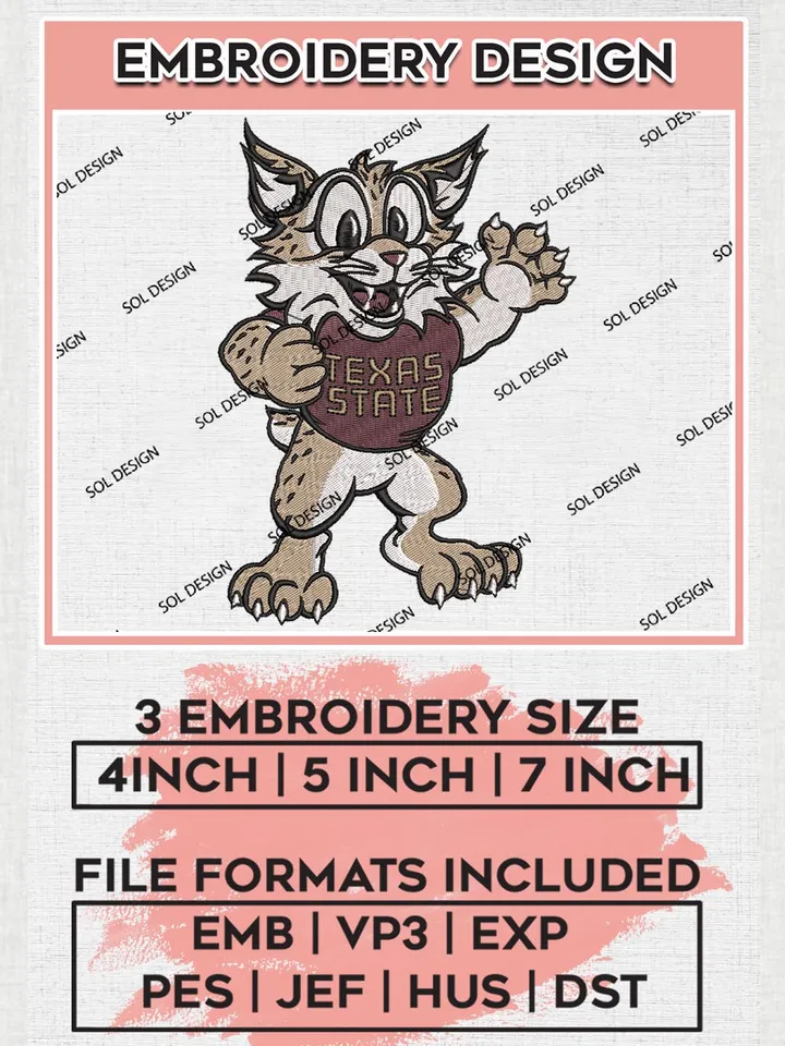 NCAA Texas State Bobcats Team Mascot Logo Embroidery Design Files, NCAA Texas State Bobcats Machine Embroidery, NCAA Teams, 3 sizes, NCAA Machine embroidery designs, Digital Download