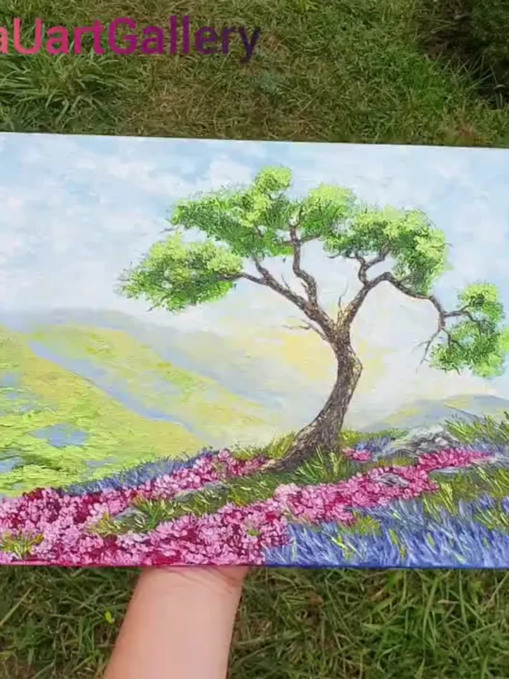 Cypress Tree Painting Lavender Original Art Landscape Artwork Oil Painting