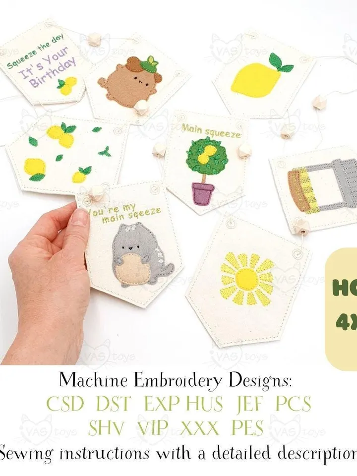 ITH Lemonade Garland Embroidery Design Set, Felt Summer Lemon Party Banner Pattern, 4x4 Hoop Digital File