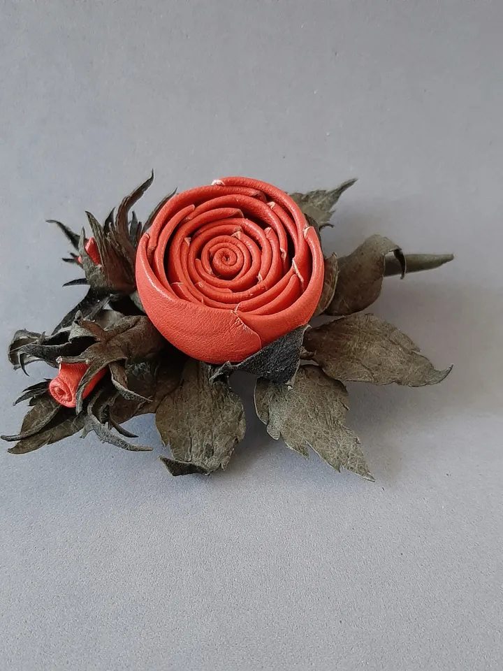 Red rose leather brooch 3rd anniversary gift for wife, Leather women's jewelry