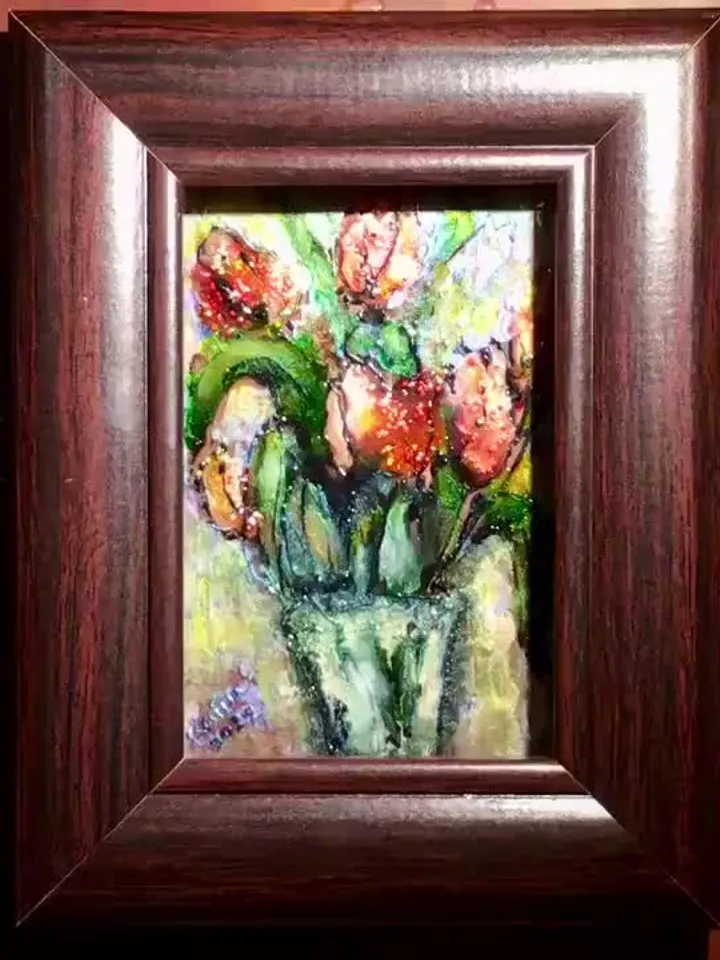 Stained glass impressionistic tulips in a vase painting,painting on glass,flowers in a vase glass painting,small gift home decoration.