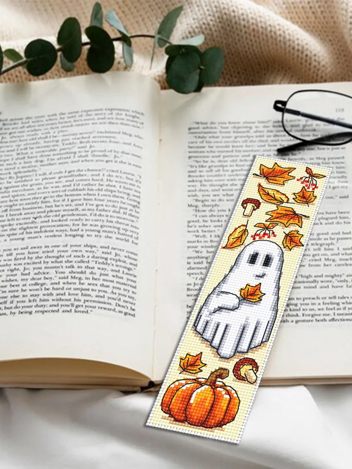 Ghost with pumpkin bookmark cross stitch pattern PDF download Cute ghost cross stitch chart, Fall bookmark pattern digital PDF #B369