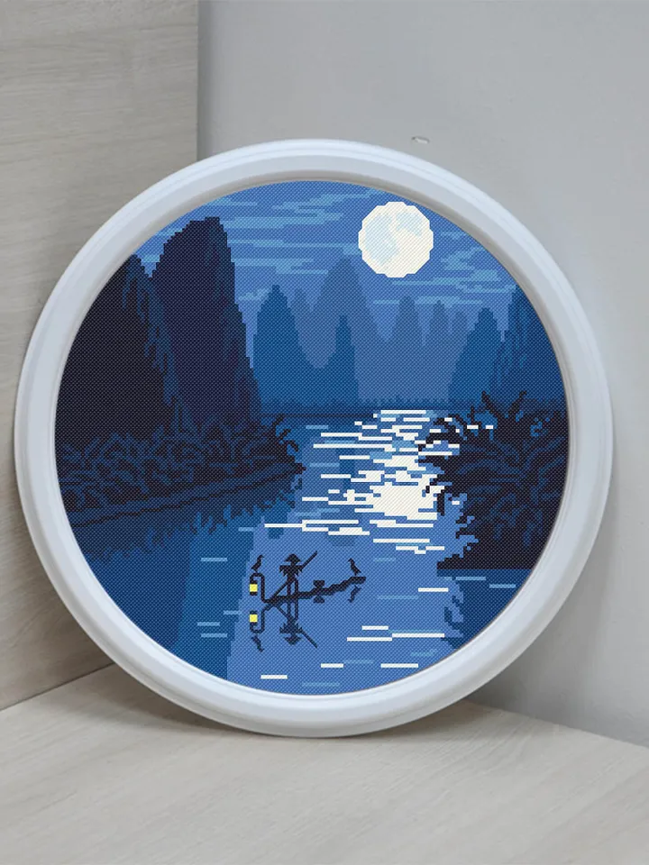 Night nature cross stitch pattern download PDF Chinese landscape cross stitch chart Boat on the river embroidery PDF Nature lover gift #L16