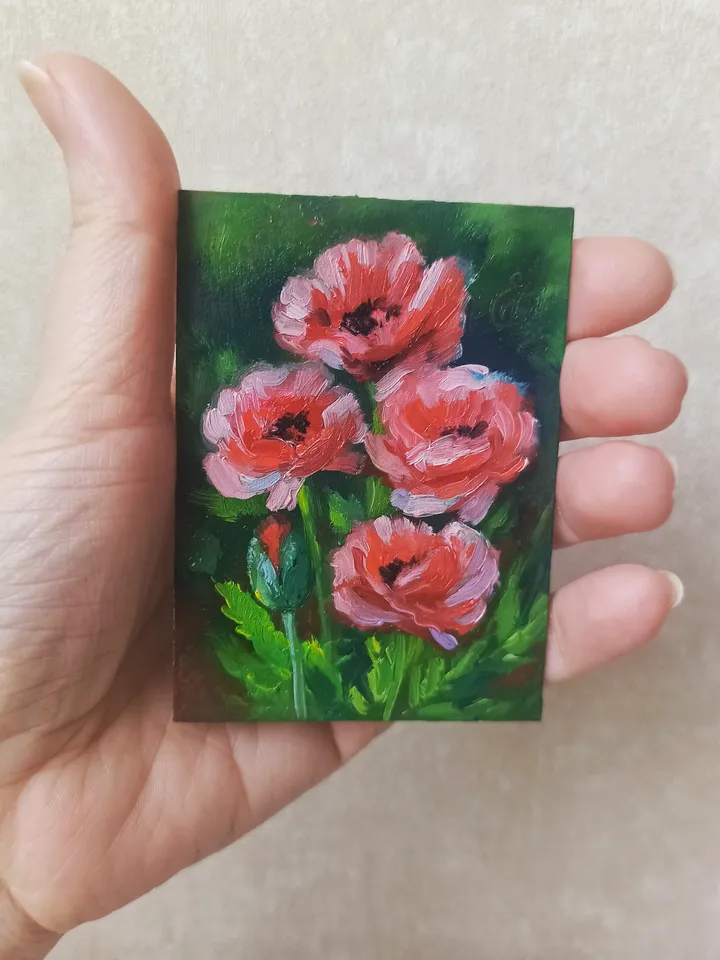 Original oil painting ACEO, Red-pink poppies, Red flowers, Blooming garden, Collection card 2,5x3,5 in