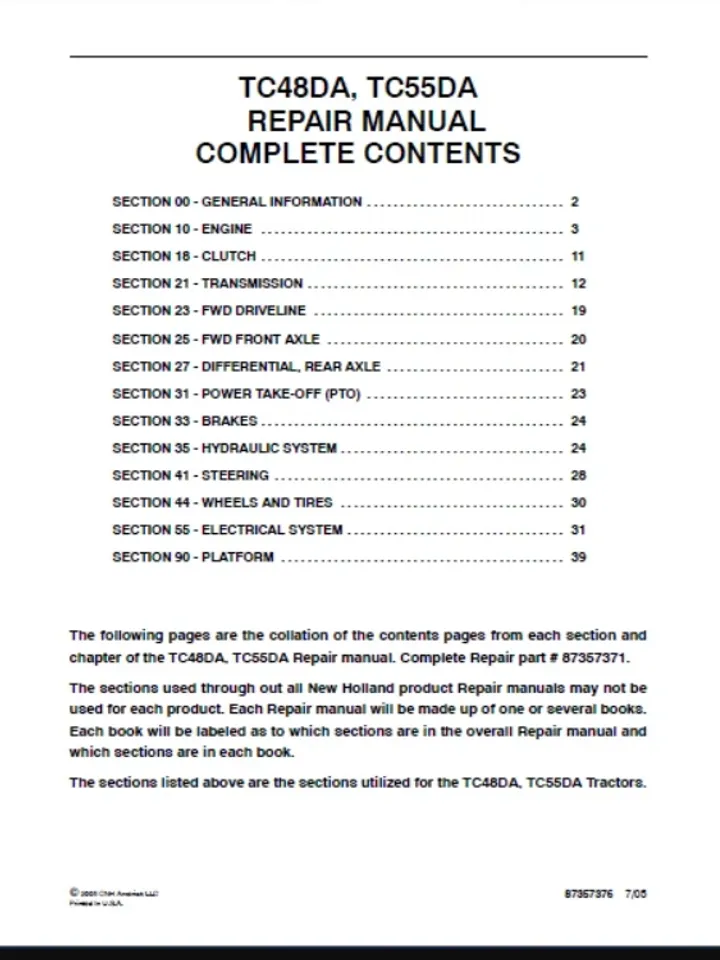 NEW HOLLAND TC48DA TC55DA TRACTOR MANUAL SERVICE REPAIR SHOP