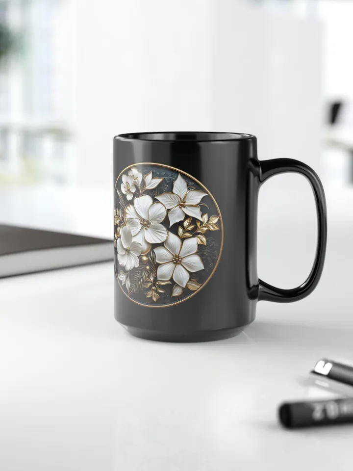 Elegant Floral Black Mug, 15oz | Perfect Gift for Tea Lovers, Home Decor, Wedding Favors, Mother's Day, Coffee Enthusiasts