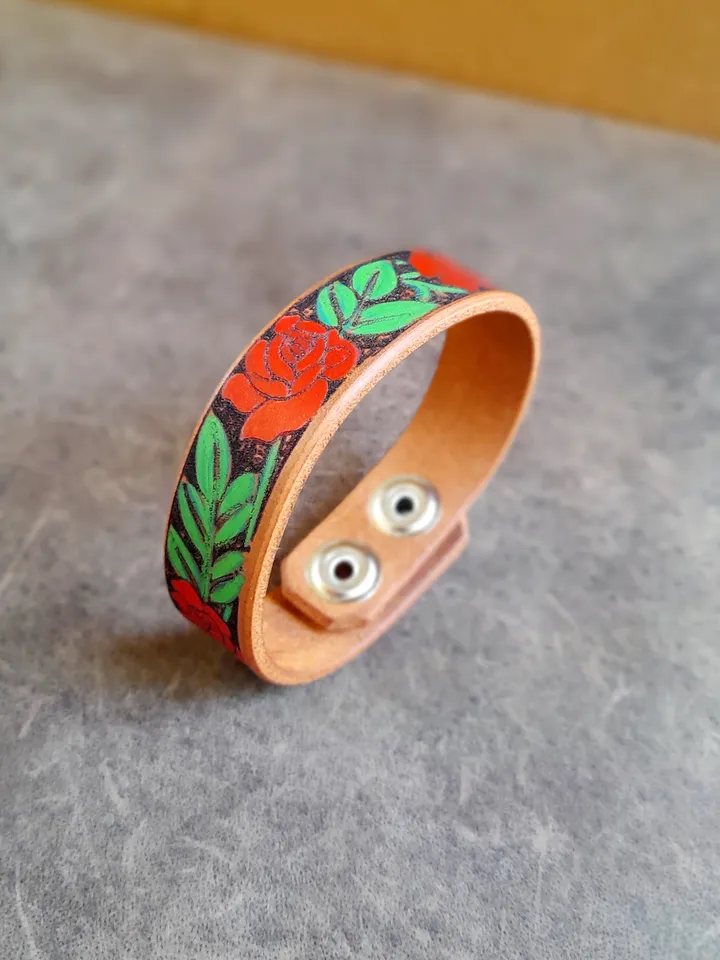Hand Painted Red Rose Vine Leather Cuff Bracelet, Rose Floral Leather, Personalized Rose Bracelet, Gift for Daughter, Plant Lover Gift Idea