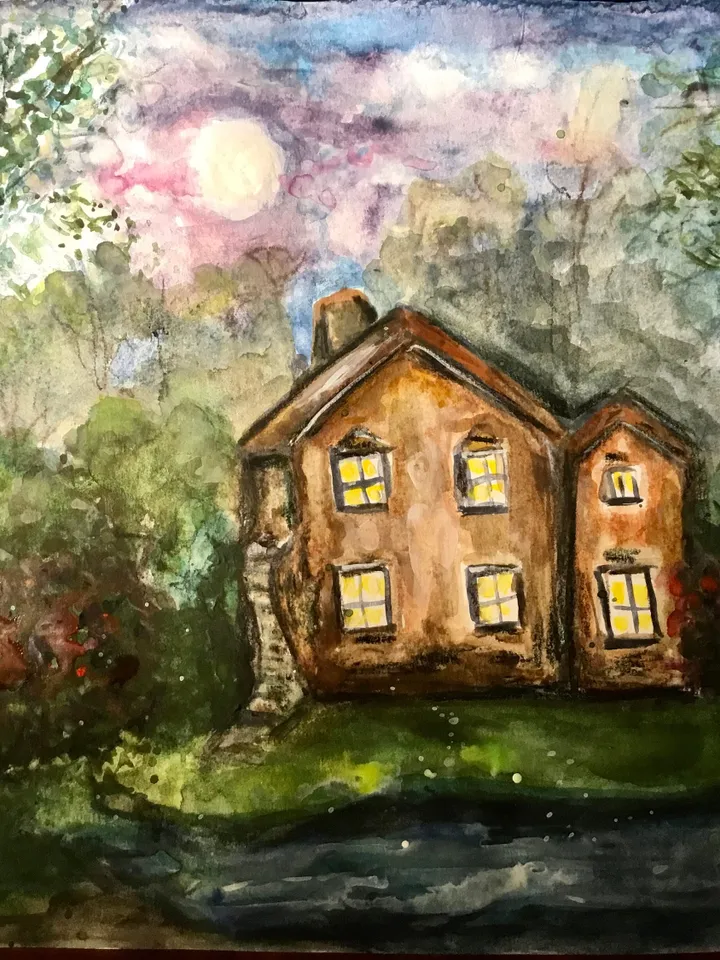 Mysterious House in the woods,original watercolour painting,forest painting,river,landscape painting,unique handmade painting,home decor