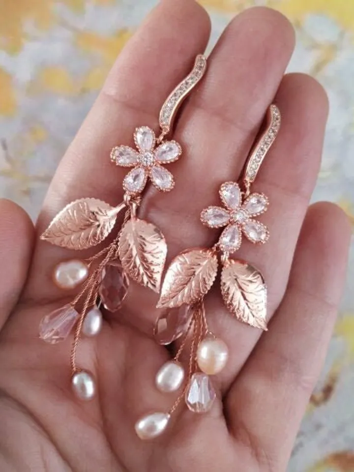 Rose Gold Diamond Bridal Earrings | Boho Statement Wedding Earrings | Floral Wedding Jewelry | Bridesmiad Gift | Pearl Bridal Jewelry |