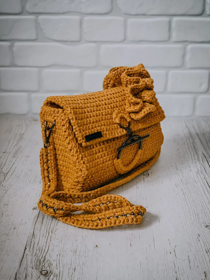 Mustard crossbody with ruffles, crochet bag, handmade luxury handbag, clutch, shoulder bag, accessories for gift, cotton cord