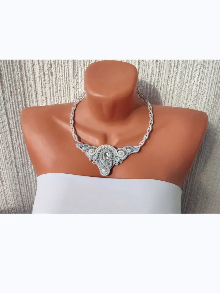 Bridal jewelry set, White necklace and earrings, Soutache embroidery, Rhinestone beaded necklace