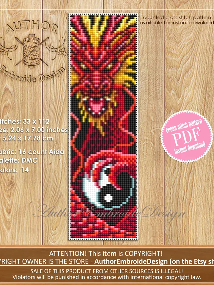 Dragon bookmark cross stitch pattern PDF download Fantasy red dragon cross stitch, Chinese dragon pattern, Yin yang, Chinese New Year #B271