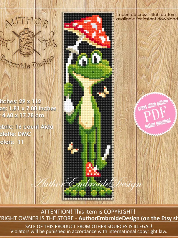 Frog bookmark cross stitch pattern PDF download Mushroom frog cross stitch chart, Funny bookmark pattern digital PDF, Frog embroidery #B371