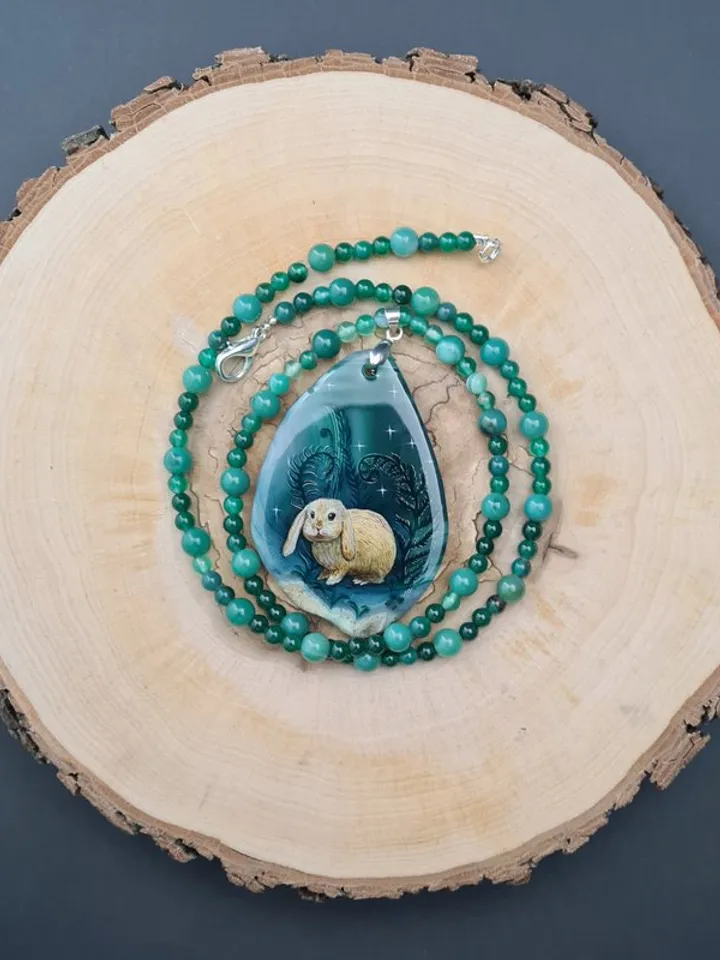 Necklace with rabbit or hare in ferns Oil painting on Agate stone
