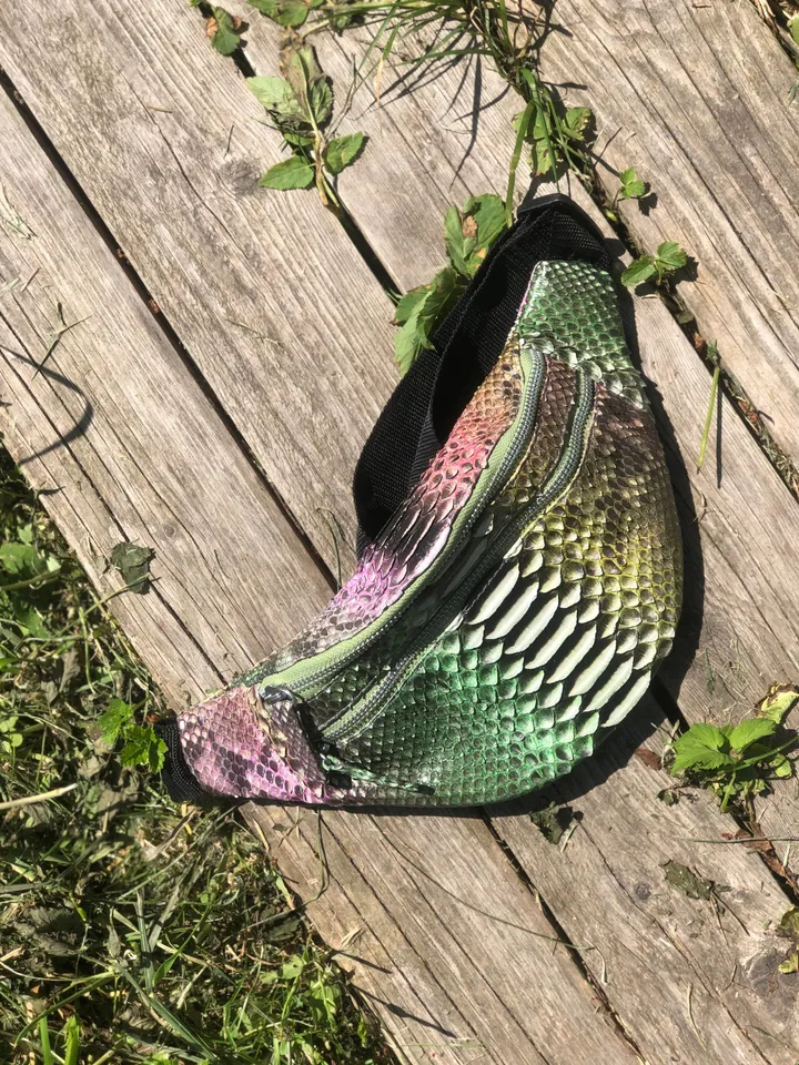 Genuine Python Skin Fanny Pack  Bronze Green Milticolor  | Leather Belt Bag| Unisex Fanny Pack | Exotic Leather Bags | Snake Print Bag