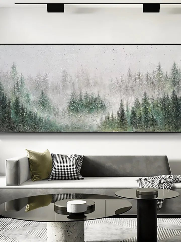 Misty Forest Painting, Textured Landscape Art, Green Forest Wall Art, 3D Canvas Art, Nature Wall Decor, Serene Forest Scene, Panoramic Art