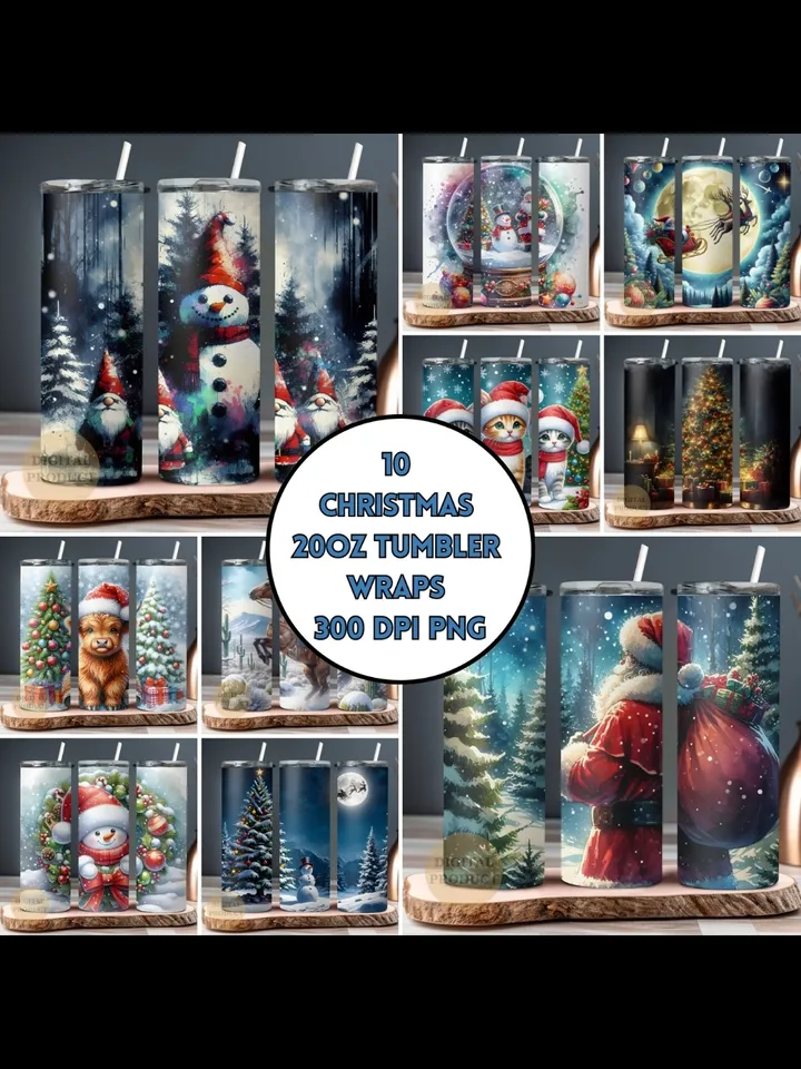 10 Christmas 20 Oz Tumbler Wrap png Bundle, Christmas Sublimation Designs for Tumblers, Santa with Sleigh, Christmas Gnomes with Santa Cat
