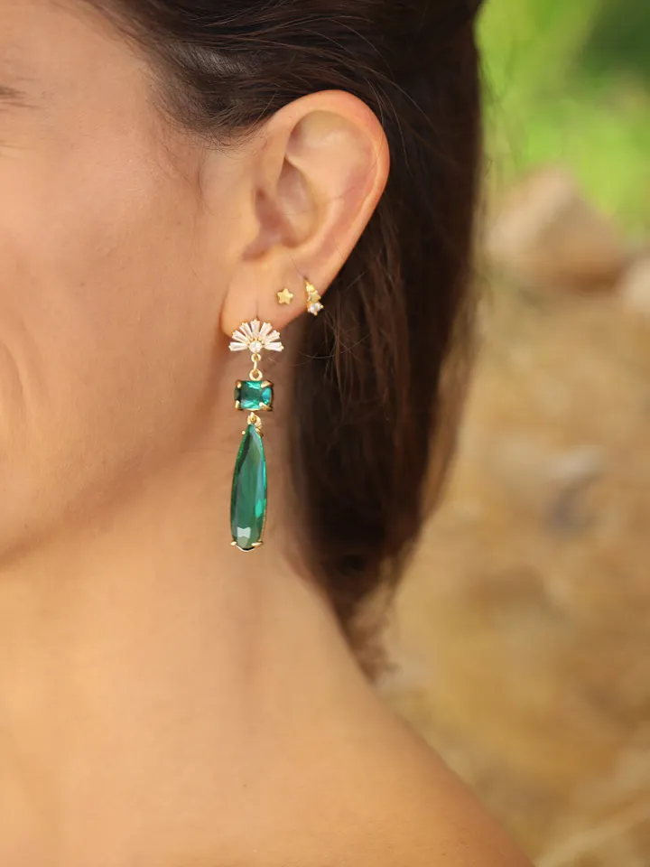 Fan Art Deco Bridal Earrings For Brides, Emerald Green Vintage Gold 24K Wedding Earrings, Boho Bridal Earrings, Statement Wedding Jewelry