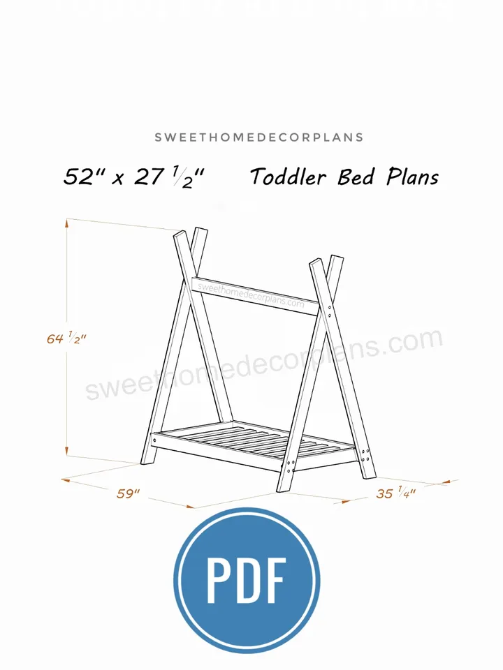 Diy teepee bed plans pdf. Toddler bed plans. Wooden montessori teepee bed for kids bedroom. Crib size kids floor frame bed plans.