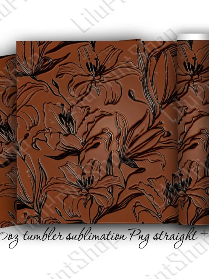 Tooled leather tumbler sublimation design png for 20oz skinny straight and tapered tumbler. Brown Floral tumbler wrap PNG Instant download