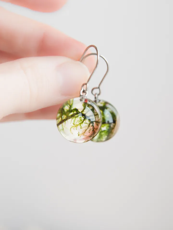 Moss sphere earrings. Dangle resin earrings