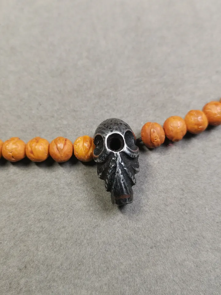 Gandhanra Tibetan Cold Iron Guru Bead,Big Skull Shape T-drilled 3-Hole Prayer Bead,Mala Bead,Connector Bead for Buddhist Bead Accessories