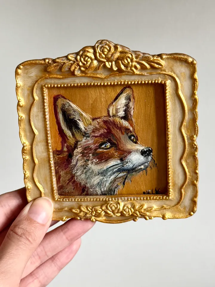 Fox Oil Painting Original In Vintage Style Frame Small Framed Animals Wildlife Art