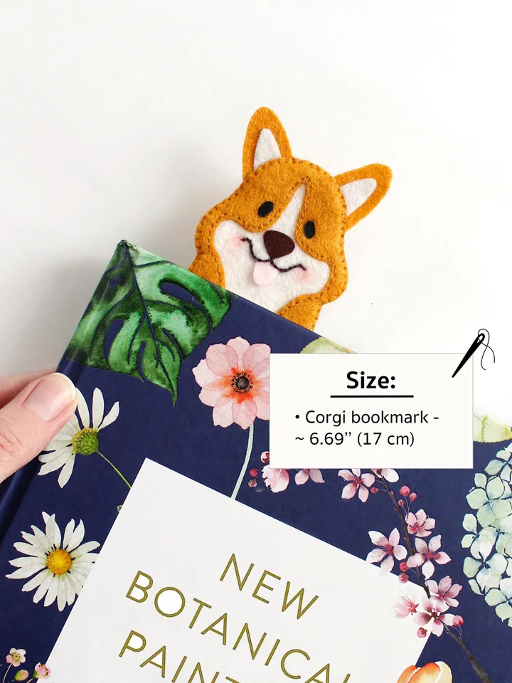 Felt long corgi bookmark hand sewing PDF tutorial with patterns. DIY dog bookmark. Book and pets lover gift. Felt school supplies